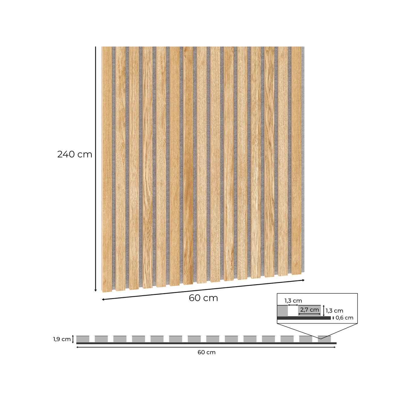 Dýhovaný akustický panel - dub | šedá plsť [60x240cm] ⭐ - Lameo® shop